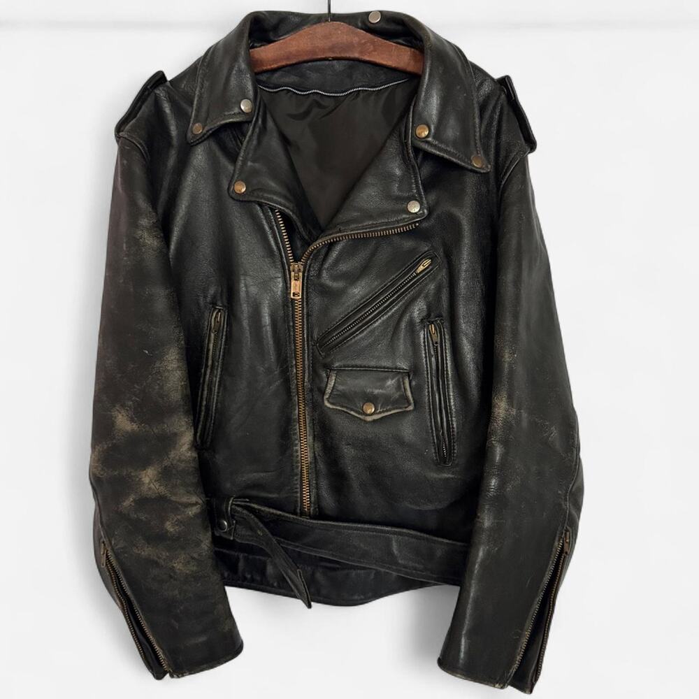 Vintage 80s black heavy leather biker moto jacket